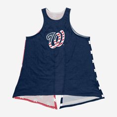 What this Washington Nationals Women's Americana Tie Back Sleeveless Top lacks in sleeves, it more than makes up for in patriotic team pride! Features All-over team-colored design on front so you can rep the team in style Team logo display and team-colored American flag-style wordmark team name display on front, in case there were any doubts where your allegiances lie Reverse side with two team-colored stars and stripes-designed tie-able ends that will look great at every Memorial Day and Fourth Throwback Team Tops For Sports Events, Throwback Sports Team Tops, Throwback Tops For Team Events During Sports Season, Sleeveless Basketball Top With Team Logo, Cotton Activewear With Three Stripes For Sports Events, Summer Sports Fan Tops In Team Colors, Collegiate Summer Tops For Cheerleading, Collegiate Navy Top For Game Day, Throwback Sports Tops With Team Logo