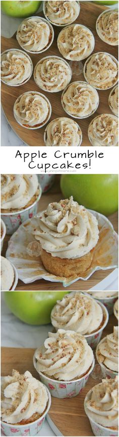 apple crumble cupcakes with cinnamon frosting on top and an apple in the background