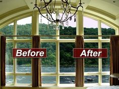 two signs that say before and after in front of a window with a chandelier