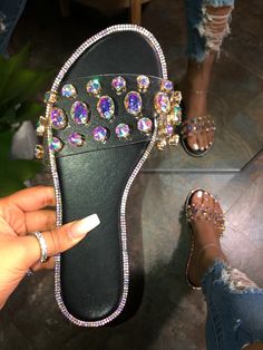 Glam Sandals - Black – Atlanta Shoe Studio Designer Slides Women, Casual Summer Slippers, Bling Flip Flops, Rhinestone Slides, Sparkle Sandals, Bling Sandals, Flip Flops Beach, Designer Slides, Rhinestone Flats