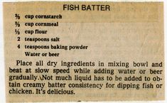 an old newspaper clipping with instructions on how to make fish batter