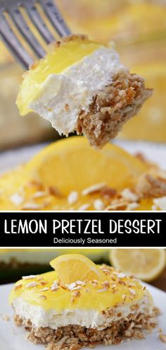 A double photo collage of lemon pretzel dessert on a white plate. Pretzel Dessert, Pretzel Desserts, Salty Treats, Lemon Dessert Recipes, Refreshing Desserts, Party Platters, Lemon Desserts, Decadent Chocolate, Lemon Recipes