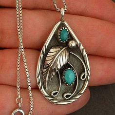 Turquoise Feather Design Teardrop Metal Necklace Leaf Necklace Silver, Feather Pendant Necklace, Engagement Necklaces, Blue Stones, Boho Pendant, Pierced Jewelry, Feather Pendant, Feather Necklaces, Turquoise Stones