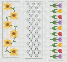 two cross stitch bookmarks with flowers and leaves on the sides, one is yellow