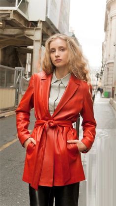 100% Soft Lamb Leather Very Elegant Jacket Day or Evening Wear Color: REDSize : Fits Best on S_M Perspective Poses, Ladies Coats, Fall Forward, Pvc Raincoat, Elegant Jacket, Lipstick Red, Creative Stuff, Debbie Harry, Weird Stuff