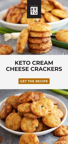 keto cream cheese crackers on a plate with the words, get the recipe