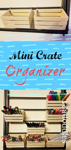 the words mini crate organizer are in red, white and blue