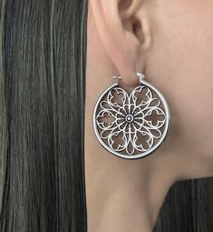 Unique hoops are inspired by Gothic Cathedral elements. Hoop are made of 316 Stainless steel , and set with Black CZ stone. Size of the hoop : 44mm Standard Post 21G Sold as 1 Pair Ships in a gift box *RETURNS / REFUNDS * -If you would like to return you purchase , please contact us within 7 days of receiving your package and we will accept the return.Return will only be made to the product, and not the shipping cost.  -Buyer is  responsible for the return shipping costs . -All jewelry must be returned unworn and in their original condition . *LOST MAIL* Once the package is marked as DELIVERED by the post office, we are not responsible for misplaced or stolen packages. *MAIL THEFT* If parcel is stoled or vandalized, please contact USPS mail theft department for further directions. We are n Unique Hoop Earrings, Hoop Earrings Large, Earrings Gothic, Gothic Cathedral, Jewelry Gothic, Gothic Earrings, Earrings Flower, Earrings Hoop, Large Hoop Earrings