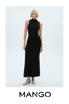 Take advantage of the best discount of the year with Black Friday, High collar, Sleeveless, Back neckline, Unclosed, Knitted fabric, Fitted design, Long design, The model is 1.79 tall and is wearing a size 36 Knitted Dress, Wide Straps, High Collar, Kids House, Knit Dress, Open Back, Black Friday, Knitted Fabric, Mango