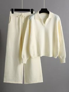 Urban Chic: Long-Sleeved Solid Color Polo Sweater Tops & Wide Leg Pants Two-Piece Set Casual Cream Sets For Fall, Casual Yellow Long Sleeve Sets, Casual Yellow Sets With Long Sleeves, Knit Two Piece Set, Tracksuit Outfit, Mid Waist Pants, Knitted Suit, Estilo Chic, Knit Turtleneck Sweater