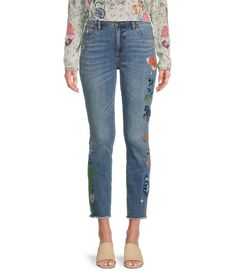 From JOHNNY WAS&#x2C; these jeans feature:Stretch denim fabricationSkinny leg5 pocket style Belt loops Embroidered detailsStraight hemlineButton/zip fly closureApprox. 27" inseam Cotton/polyester/lycraMachine wash/tumble dry Imported. Embroidered Pants, Embroidered Jeans, Johnny Was, Dillard's, Stretch Denim, Clothes For Women, Pants, Trousers