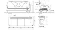 a drawing of a couch and ottoman with measurements