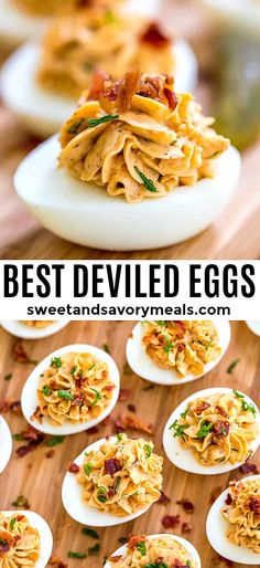 deviled eggs with bacon and other toppings on them