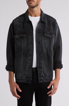 Get an effortlessly cool look with this faded black denim jacket featuring multiple pockets for added utility. 26 1/2" length Front button closure Spread collar Chest button-flap patch pockets; front welt pockets 100% cotton Machine wash, tumble dry Made in the USA Black Washed Denim Jacket Outfit, Black And Denim Outfits Men, Washed Denim Jacket Outfit, Denim Jacket Outfit, Preppy Look, Jacket Outfit, Black Denim Jacket, Sweaters And Leggings, Short Suit