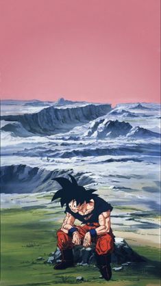 two anime characters sitting on top of a rock near the ocean with waves in the background