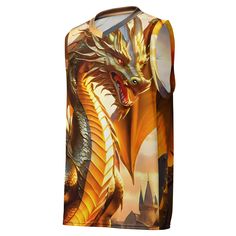 🐉Looking for a basketball jersey that will take your game to the next level? Look no further! Made with recycled polyester fabric, this High-Tech Gold Dragon Design Basketball Jersey Shirt is designed to keep you cool and dry even in the heat of competition. Style it as a streetwear piece and turn heads both on and off the court! *  100% recycled polyester fabric *  Fabric weight: 4.7 oz/yd² (160 g/m²) *  Two-way stretch fabric *  Moisture-wicking material *  Regular fit *  UPF50+ protection * Sleeveless Jersey With Sublimation Print, Sleeveless Tops For Sports Events With Team Spirit, Sleeveless Jersey Sportswear Top, Sleeveless Jersey Sports Top, Sporty Sleeveless Jersey With Sublimation Print, Casual Sleeveless Jersey Top, Sleeveless Graphic Print T-shirt For Sports Events, Breathable Sleeveless Top For Basketball, Sleeveless Basketball Team Jersey