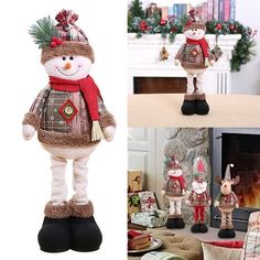 christmas decorations are displayed in front of a fireplace and decorated with snowman figurines