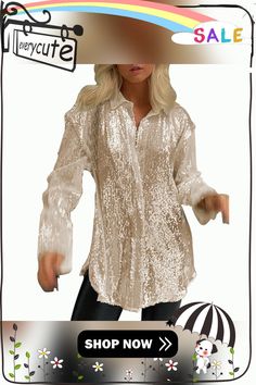 Champagne Sequined Party Wear Long Sleeve Shirt Sequin Tops For Spring Holiday Party, Spring Holiday Party Sequined Tops, Summer V-neck Party Shirt, Casual Spring Party Blouse, Long Sleeve Sequin Tops For Holiday Party, Glamorous Long Sleeve Blouse For Holiday, Glamorous Long Sleeve Top For Holiday Party, Glamorous Summer Tops For Holiday Party, Holiday Party Long Sleeve Sequin Top