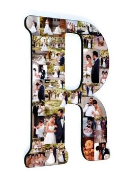 the letter b is decorated with pictures of people and their wedding day outfits on it