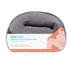 the back of a woman's breast pillow in grey and orange packaging on a white background