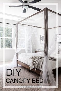 a canopy bed with mosquito netting on it and the words diy canopy bed above it