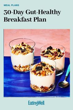 the cover of meal plans for 30 - day gutt - healthy breakfast plan with granola and yogurt