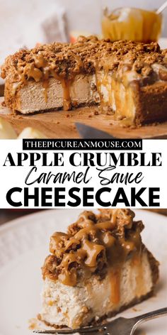 an apple crumble caramel sauce cheesecake on a plate