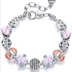 Charms Bracelet For Girls And Women Murano Glass Beads Charms Bracelets Silver Crystal Bracelet With Heart Shaped Beads, Silver Crystal Bracelet With Heart And Round Beads, Silver Bracelets With Heart Beads, Silver Heart Beads Bracelets For Party, Silver Metal Beaded Bracelets With Heart Beads, Party Silver Bracelets With Heart Beads, Silver Beaded Bracelet With Heart Beads, Adjustable Silver Charm Bracelet With Colorful Beads, Elegant Silver Beaded Bracelets With Colorful Beads