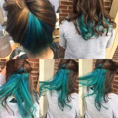 Light Brown And Teal Hair, Peekaboo Hair Section, Teal Underdye Hair, Blue And Green Highlights, Brown And Turquoise Hair, Ginger And Teal Hair, Teal Peekaboo Highlights