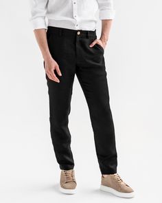 Beat the heat. Regular straight leg men’s linen pants SOGLIO in Black saves from a headache on what to wear during sunny days. These linen pants feature a smart design that helps them seamlessly integrate into both work and casual outfits. Comfort is guaranteed due to the breathability of linen fabric. Wear them with loafers or sandals, depending on the formality. • Regular-straight leg, mid-rise style • Flat waistband in front, elasticated waist in back • Zip fly with a coconut button closure • Casual Linen Dress Pants With Welt Pockets, Casual Linen Dress Pants Straight Leg, Casual Linen Dress Pants, Casual Linen Dress Pants For Workwear, Straight Fit Straight Pants For Summer, Casual Relaxed Fit Linen Dress Pants, Summer Straight Fit Pants, Casual Linen Dress Pants With Relaxed Fit, Casual Linen Straight Dress Pants