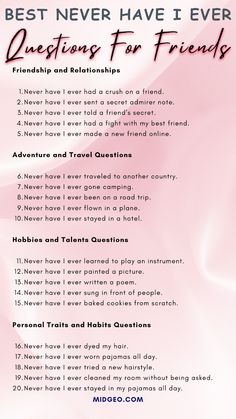 the best never have i ever questions for friends info sheet with pink and black background