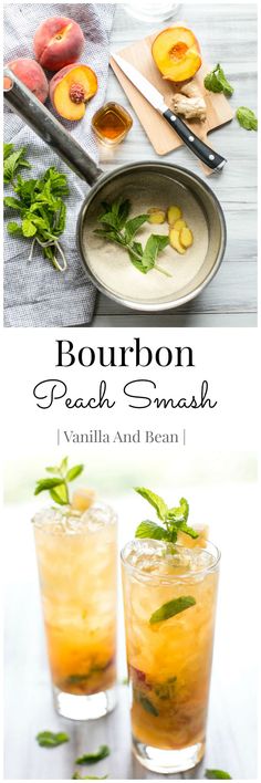 bourbon peach smash cocktail in two glasses with mint and lemon garnish on the side