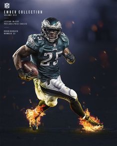 a football player running with the ball in his hand and fire coming out of his feet