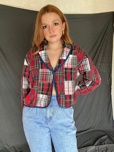 "80s red plaid jacket with denim trimmings and lining; plaid material is laid out into squares giving it a quilted look; 3 button closure and made in the USA; tag reads a size small and fits pretty true to size! could fit up to a women's medium or size 6/8 depending on shoulder/chest size; for reference, model is 5\"5, 34B cup size, pear-shaped, and typically wears a small/medium in tops or jackets so this fits just right! measurements: arm pit to arm pit- 20 inches, shoulder seam to shoulder se Plaid Cotton Outerwear With Patchwork, Plaid Patchwork Button-up Outerwear, Vintage Plaid Patchwork Tops, Vintage Reworked Plaid Tops, Red Plaid Jacket, Plaid Material, Plaid Jacket, San Antonio Tx, Cup Size