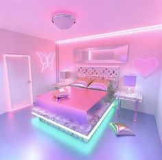 a bedroom with pink and purple lights on the walls, a bed in the middle