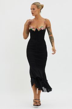 Rose Garden Ruched Mesh Midi Dress Black by Selfie Leslie Black Ruched Dress Outfit, Romantic Black Dress, Black Dress Date Night, Black Rose Dress, Fitted Black Floral Dress, Elegant Black Ruched Midi Dress, Elegant Black Mesh Midi Dress, Date Night Dress, Black Fitted Ruched Mesh Dress