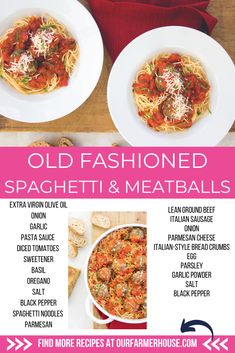 the menu for old fashioned spaghetti and meatballs is shown in pink, white and black