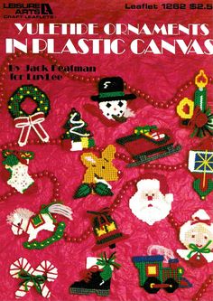 the cover of needled ornaments in plastic canvass by jack pollman, featuring santa's sleigh and snowmen