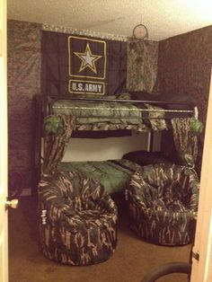 a bunk bed with camouflage furniture in a room