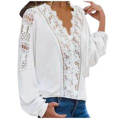 Description DressBetty - Fashion Women Spring Shirts Casual Solid Colors Lace Hollow Out V-Neck Long Sleeves Elegant Female Blouse Tops
Material: Polyester
Clothing Length: Regular
Age: Ages 18-35 Years Old
Collar: V-Neck
Decoration: Lace
Sleeve Length(cm): Full
Sleeve Style: Regular
Style: Casual
Fabric Type: Broadcloth
Pattern Type: Solid
work blouse: blouse women
camisa blanca mujer: plus size White Non-stretch V-neck Blouse, Non-stretch White V-neck Blouse, White Long Sleeve V-neck Top For Summer, Bohemian White Split Neck Blouse, Female Blouse, Spring Blouses, Fashion Tops Blouse, Lace Cutout, Boho Floral Dress