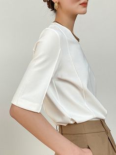 Half Sleeves Split-Joint Solid Color Round-Neck T-Shirts Tops WHITE-M Casual Office, Daily Dress, Shirt Skirt, Half Sleeve, White Tops, Shoulder Sleeve, Cotton Spandex, Half Sleeves, T Shirt Top