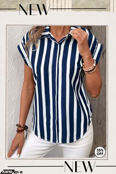 Navy Button Striped Short Sleeve Shirt Collar Blouse Striped Collared Blouse For Beach, Striped Collared Blouse For The Beach, Trendy Striped Short Sleeve Blouse, Summer Blouse With Collar And Button Closure, Casual Beach Blouse With Collared Neckline, Casual Striped Blouse For The Office, Casual Collared Beach Blouse, Casual Striped Office Blouse, Trendy Summer Blouse With Placket