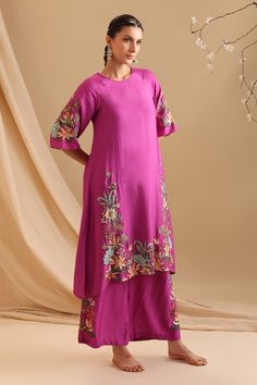 Pink straight kurta with floral garden hand embroidery. Paired with a flared pant with embroidered side panels. - Aza Fashions Designer Ethnic Wear, Pant For Women, Pink Embroidery, Indian Wedding Wear, Straight Kurta, Embroidery Floral, Runway Trends, Kurta With Pants, Floral Garden