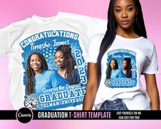 two women wearing graduation t - shirts with the words congratulations to their graduates on them