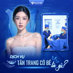 a woman wearing surgical garb standing in front of a blue background with the words dich vu thang co be?