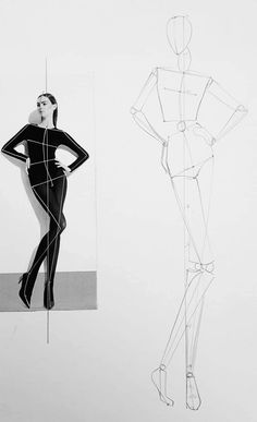 a drawing of a woman standing next to a drawing of a man in a body suit