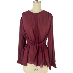 Habitual Button Front Tie Front Blouse Feminine Office Valentines 100% Viscose Imported Drawstring Closure Draped Overlay Shirt China * Size S Roomy Relaxed Fit Adjustable Approximate Measurements: * Chest: 24 * Length: 25 New With Tags Feel Free To Ask Any Questions Comes From A Pet And Smoke Free Home Burgundy Long Sleeve Top With Buttons, Casual Burgundy Blouse For Work, Elegant Burgundy Blouse For Work, Red Button-up Blouse For Work, Red Button-up Workwear Blouse, Chic Long Sleeve Burgundy Blouse, Chic Burgundy Tops For Workwear, Red Workwear Blouse With Button Closure, Chic Burgundy Long Sleeve Blouse