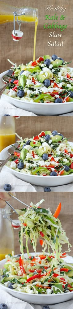 three plates filled with salad and dressing being drizzled on top of each other