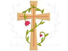 a cross with pink flowers on it and green leaves around the edges is shown in this embroidery design