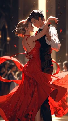 a man and woman dance together in an artistic fashion scene with red streamers flying around them